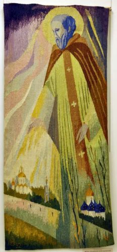 Наталия Озерная. Гобелен. Диптих "Преподобный Сергий Родонежский". Правая часть "Благословение". 1991 , 170х70. Выставка в "Доме национальностей", 20 октября - 9 ноября 2014. Наталия Озерная. Гоб…